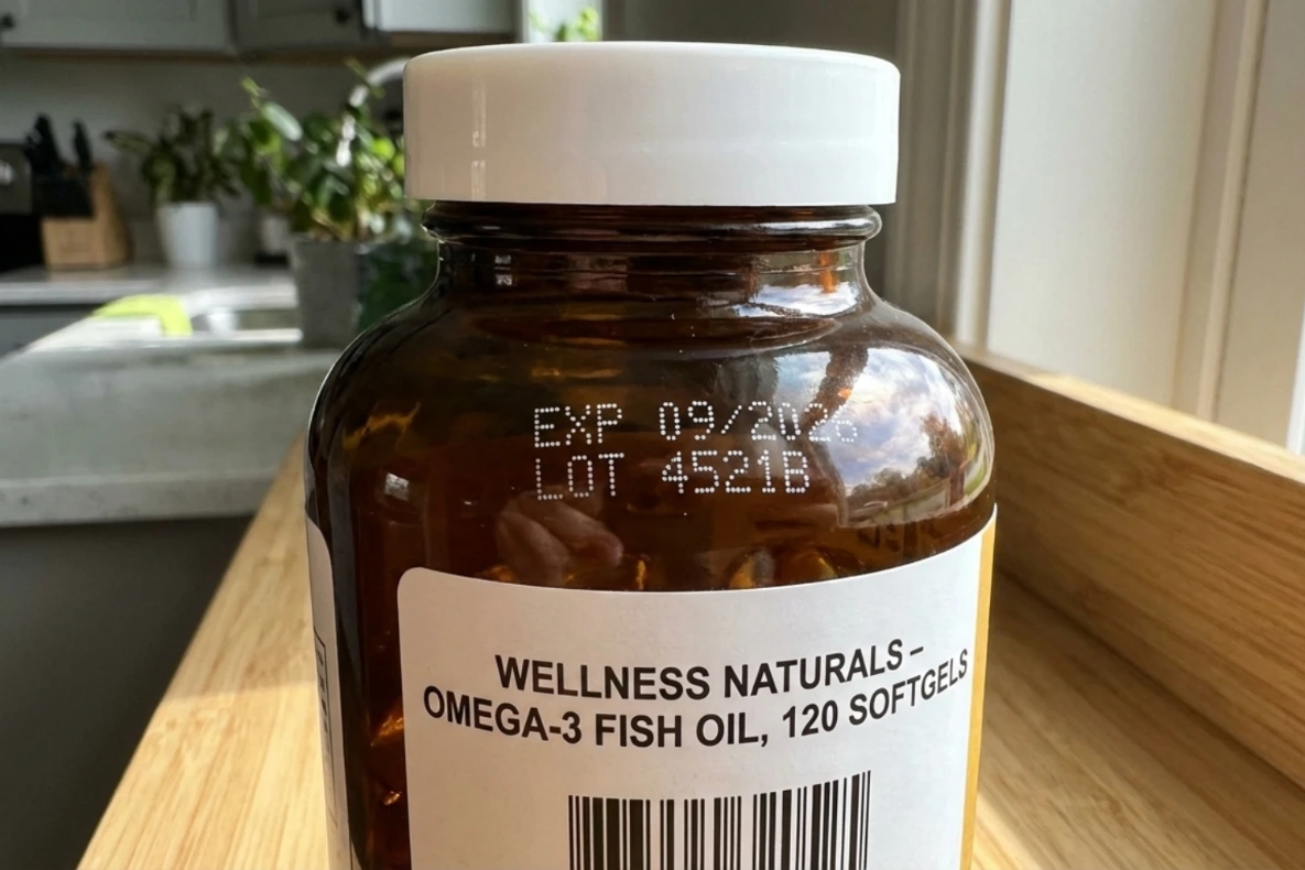 A bottle of Wellness Naturals Omega-3 Fish Oil softgels with expiration date 09/2026 and lot number 4521B.