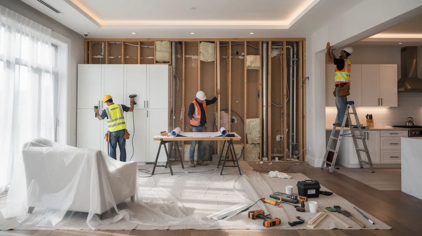The image depicts construction workers actively renovating the interior of a residential property, surrounded by tools and materials. Their work is essential in improving the home's value, which can be beneficial for homeowners considering options like a home equity loan or using a HELOC to access funds for renovations.
