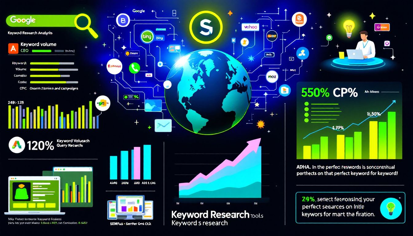 A graphic showing keyword research tools and their importance in SEO.