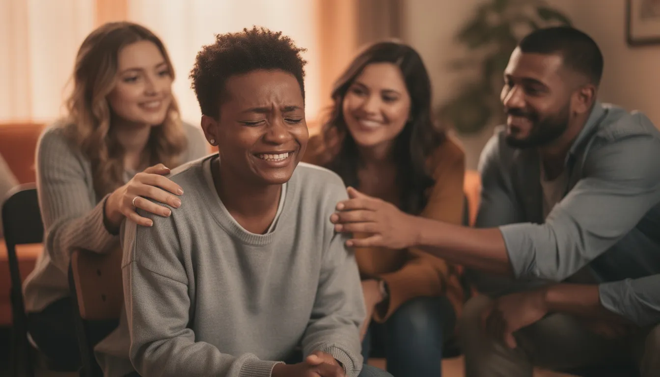 The image depicts a person experiencing a moment of relief and connection while engaging in an online support group for individuals affected by hoarding disorder. Surrounded by supportive peers, they share their struggles and triumphs, fostering a sense of community and understanding in their journey towards recovery.