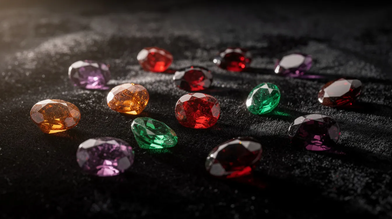 A collection of various colored garnet gemstones, including red, orange, green, and purple specimens, is beautifully arranged on a dark velvet surface, showcasing their gem quality and vibrant hues. The garnets exhibit a range of characteristics, from the bright green of tsavorite garnet to the deep red shades typical of pyrope garnet, highlighting the diverse types within the garnet group.