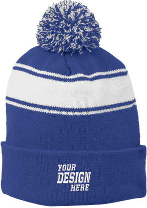 A blue Sport-Tek custom knit beanie with a white stripe. Here, it'd make sense to customize by using a white thread for the embroidery