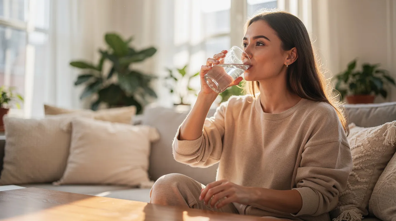 In a bright and comfortable setting, a woman is drinking water while taking care of herself during her breast augmentation recovery. She appears relaxed and focused on her healing process, which is essential for managing swelling and ensuring a smooth recovery.