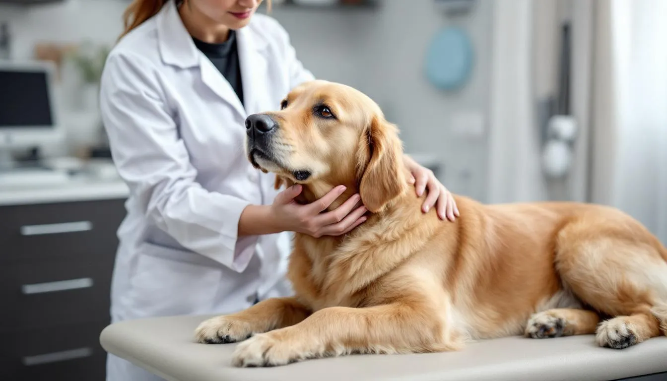 A veterinarian is examining a golden retriever