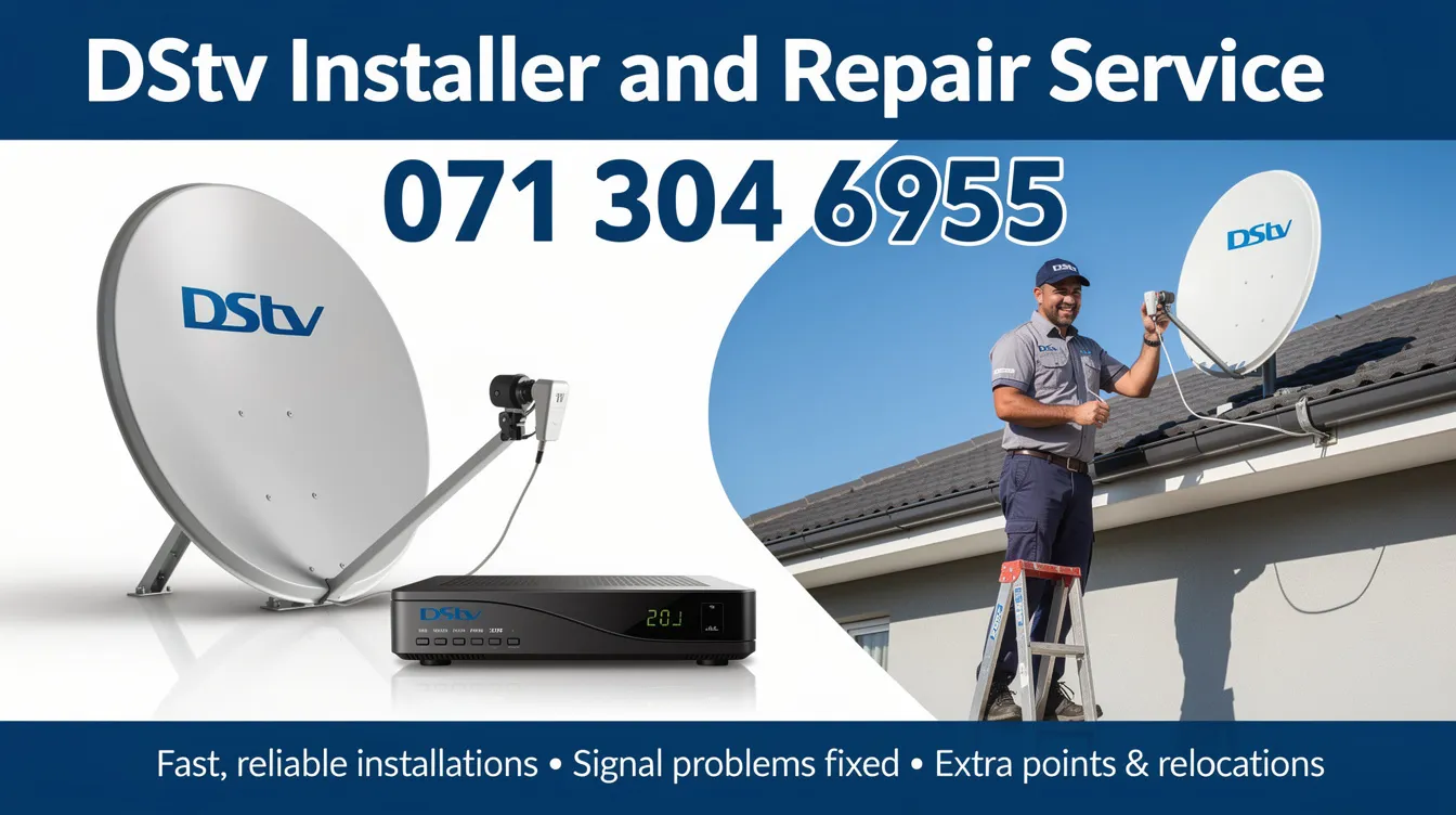 The image features a professional DStv installer providing installation and repair services, showcasing a satellite dish and DStv equipment. The technician is depicted in a residential setting, emphasizing their expertise in ensuring quality signal and picture for an optimal viewing experience.