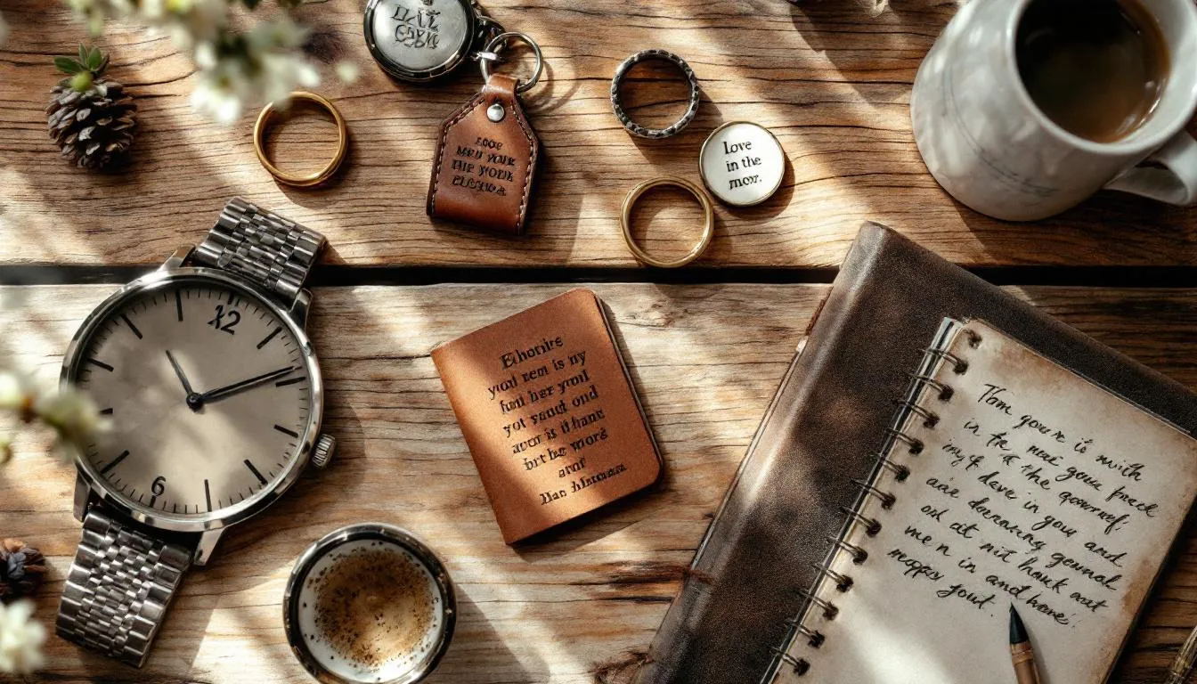 Na zdjęciu znajdują się różnorodne spersonalizowane przedmioty, takie jak porcelanowe kubki, breloki i planer książkowy, które mają grawerowane napisy. To oryginalne prezenty, które z pewnością ucieszą obdarowanych, idealne na mikołajki i inne okazje.