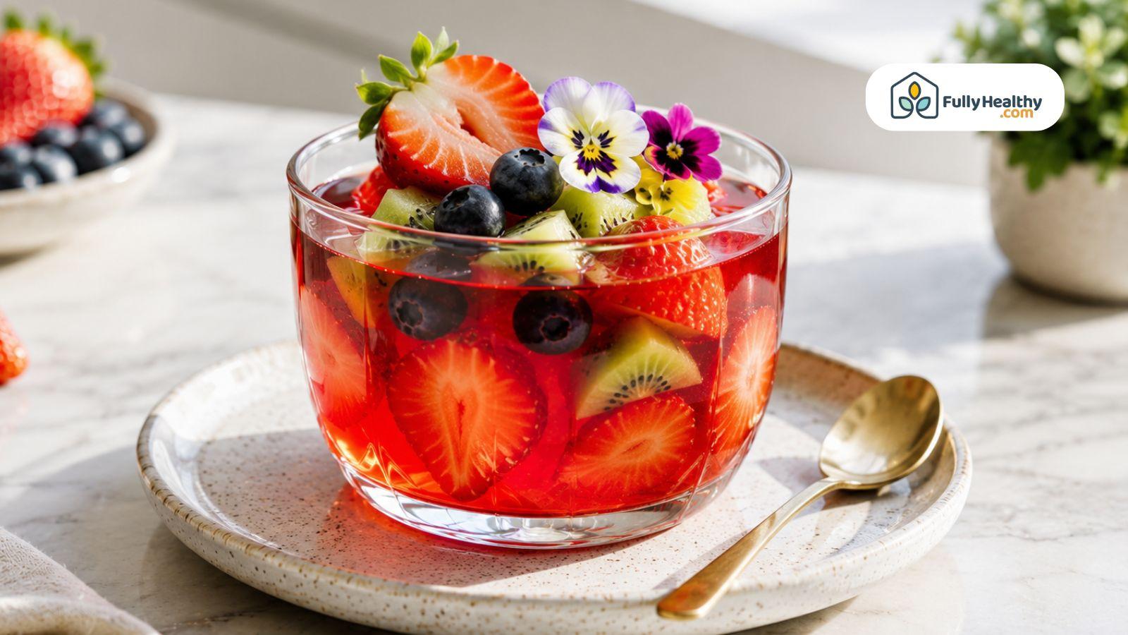 Fresh fruit suspended inside homemade red gelatin dessert in a glass bowl.