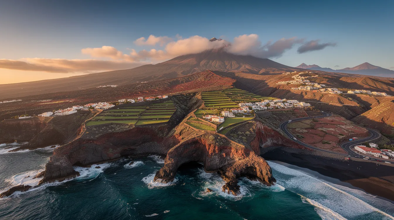A imagem mostra uma vista panorâmica de Tenerife, destacando a cidade de Santa Cruz de Tenerife com suas ruas vibrantes e o Parque Nacional do Teide ao fundo, famoso por suas montanhas imponentes. Essa ilha das Canárias é um destino turístico popular, conhecida por suas praias, natureza exuberante e clima agradável.