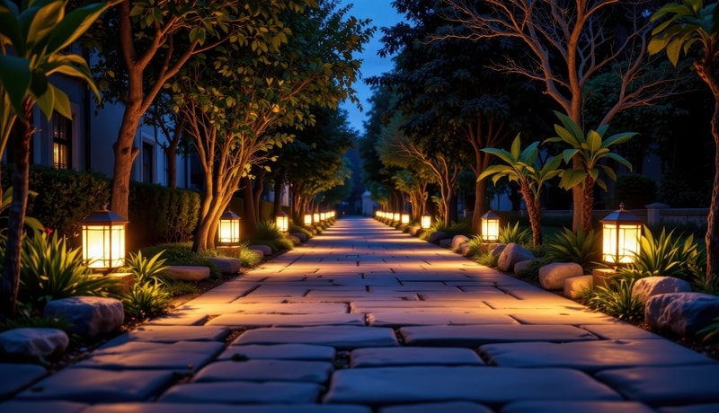 Low-glare pathway lighting with outdoor lanterns in a luxury resort 
