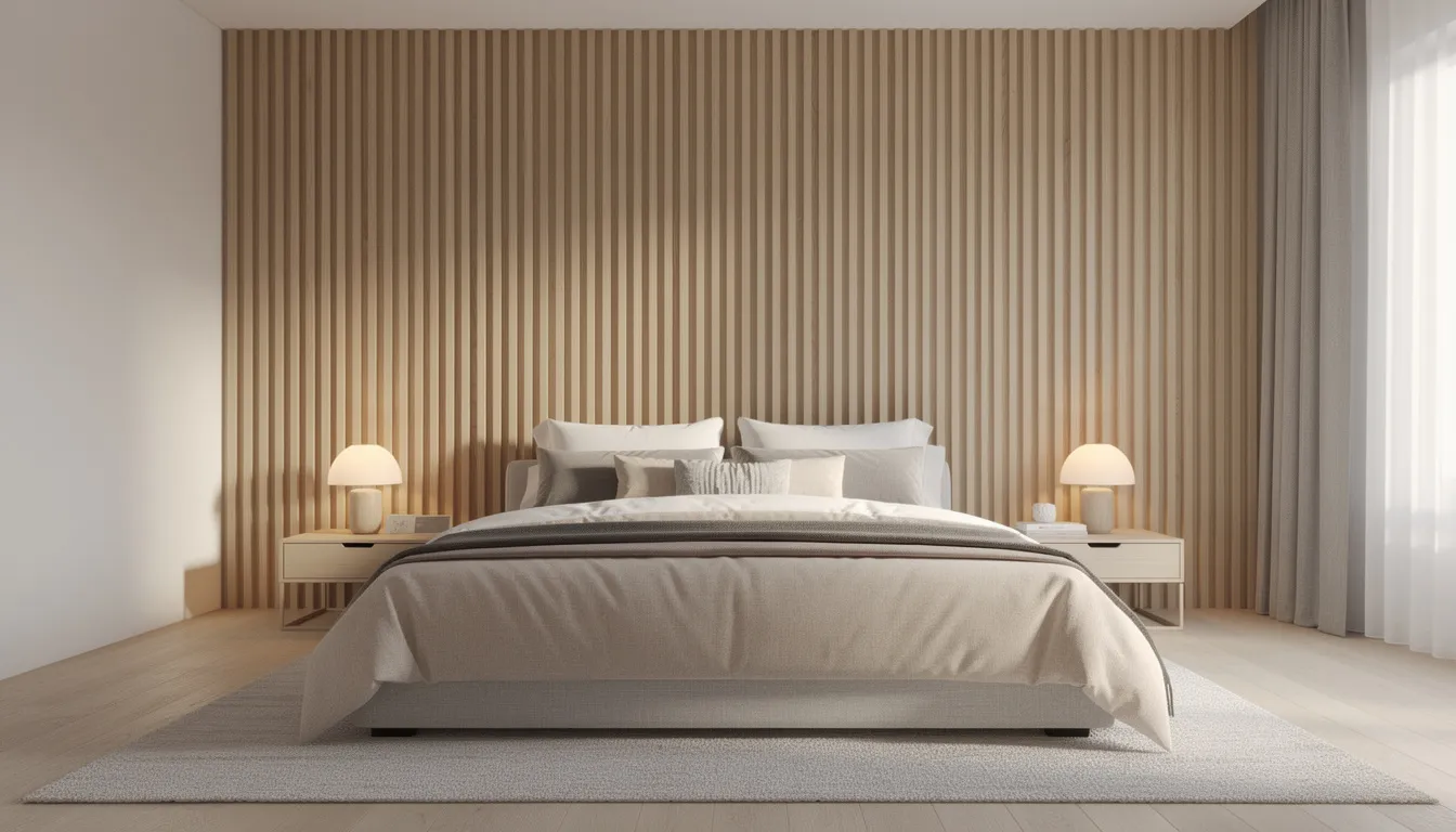 Een sfeervolle slaapkamer met een opgemaakt bed, omringd door een verticale lattenwand in lichte houtkleur. Deze wandpanelen stralen warmte en stijl uit, wat bijdraagt aan de luxe uitstraling van de ruimte.