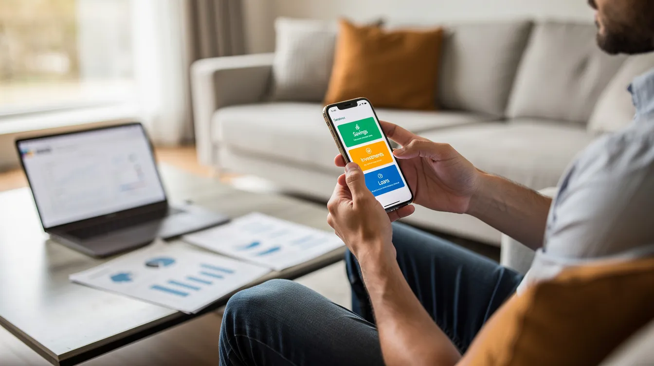 A person is sitting in a modern living room, intently scrolling through their smartphone to compare various financial options, including details about private loans and their terms and conditions. The screen displays information related to annual interest rates, repayment amounts, and loan products, reflecting the individual's financial situation and choices.
