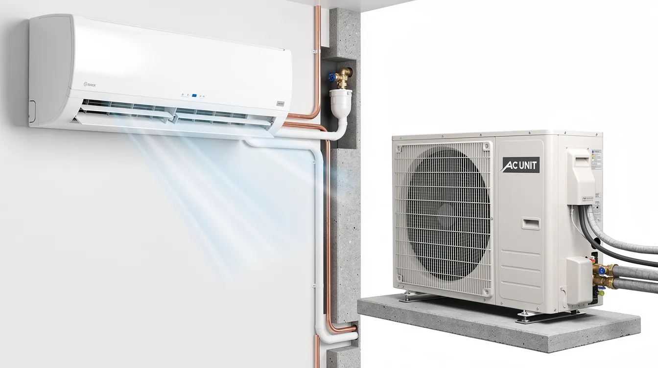 The image depicts a split system air conditioning setup, featuring an indoor wall unit and an outdoor compressor. This configuration is part of a central air conditioning system, designed to efficiently cool spaces while providing the necessary cooling capacity for optimal comfort.
