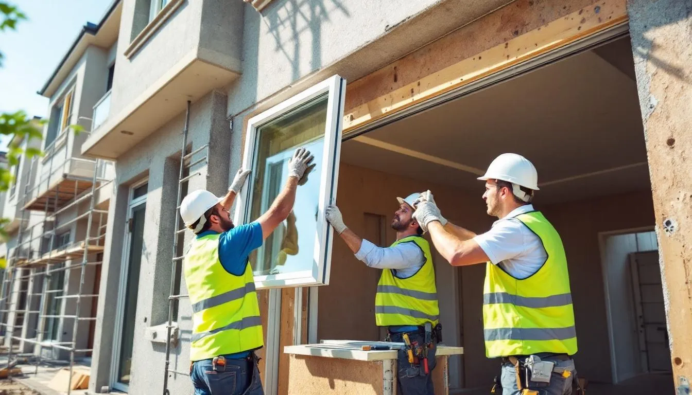 Een professioneel installatie team is bezig met het plaatsen van Aluplast kunststof kozijnen in een residentieel gebouw. Deze nieuwe kozijnen bieden uitstekende isolatie en energie-efficiëntie, wat bijdraagt aan lagere energiekosten en een lange levensduur.