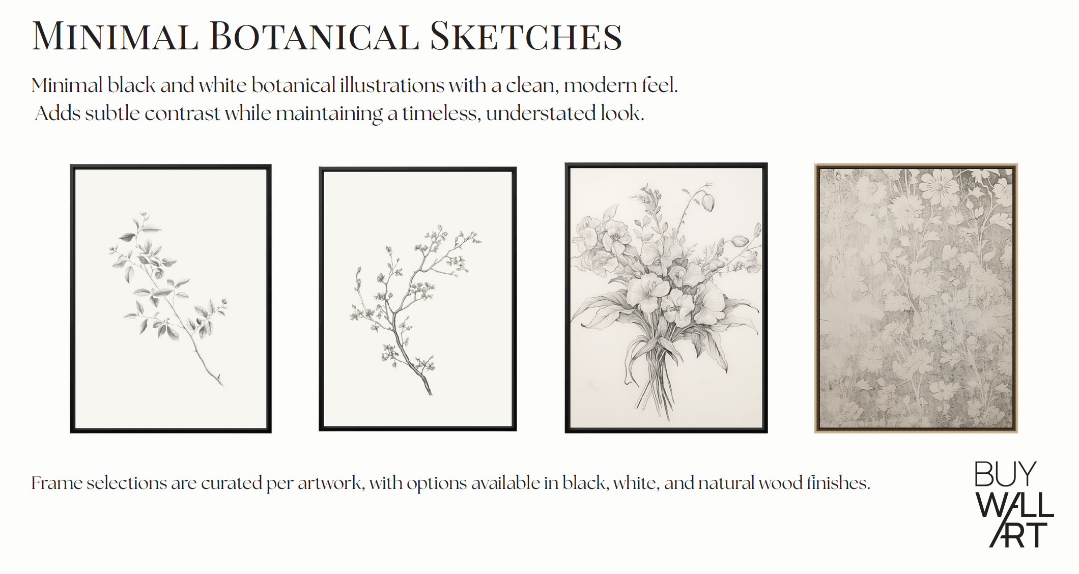 curated set of minimal black and white botanical illustrations with a clean, modern feel. Adds subtle contrast while maintaining a timeless, understated look across hotel guest rooms..