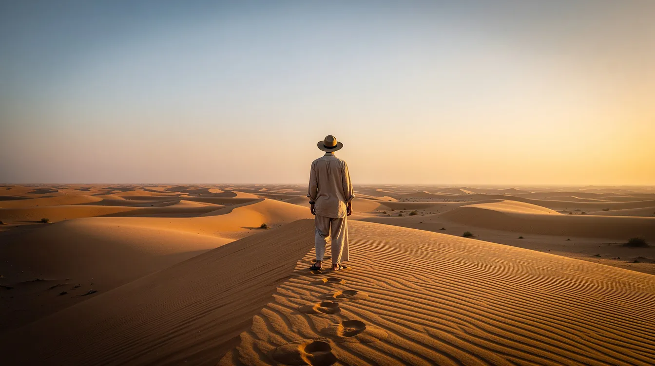 A traveler wearing loose neutral clothing and a wide-brimmed hat stands atop a sand dune in the Sahara Desert, gazing at the vast golden landscape illuminated by the soft light of sunrise. This serene moment captures the beauty of the desert, a perfect setting for a luxury Sahara Desert tour from Marrakech.