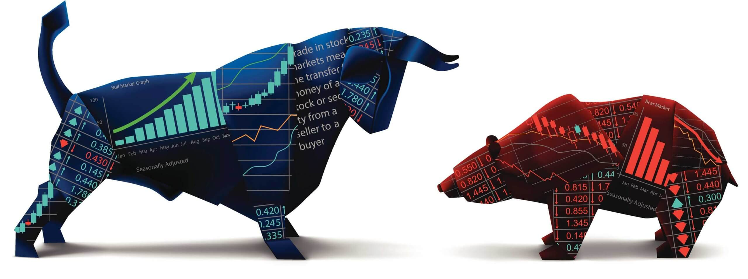 An image illustrating changes in market leadership, featuring a bull and a bear.