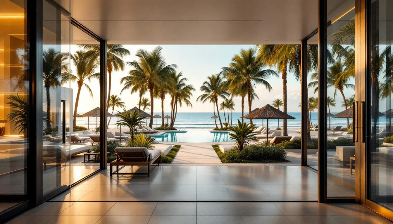 The image depicts a beachfront hotel with direct access to the sandy shores of New Smyrna Beach, featuring modern amenities and an inviting atmosphere. Guests can enjoy stunning views of the Atlantic Ocean while being conveniently located near local shops and dining options.