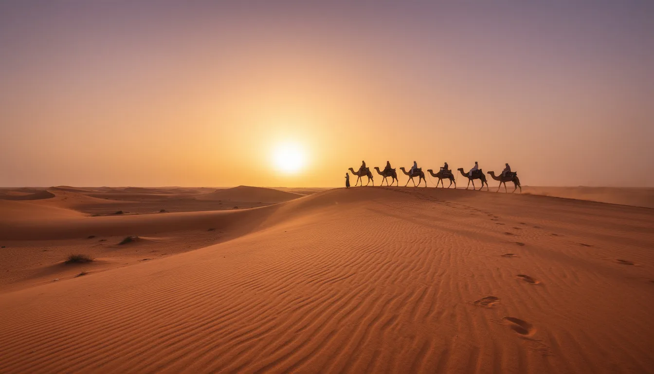 The image captures a breathtaking sunset over the orange sand dunes of the Sahara desert, with the silhouettes of camels and their riders creating a tranquil scene. This picturesque moment exemplifies the beauty of Morocco desert tours, offering an unforgettable experience in southern Morocco.