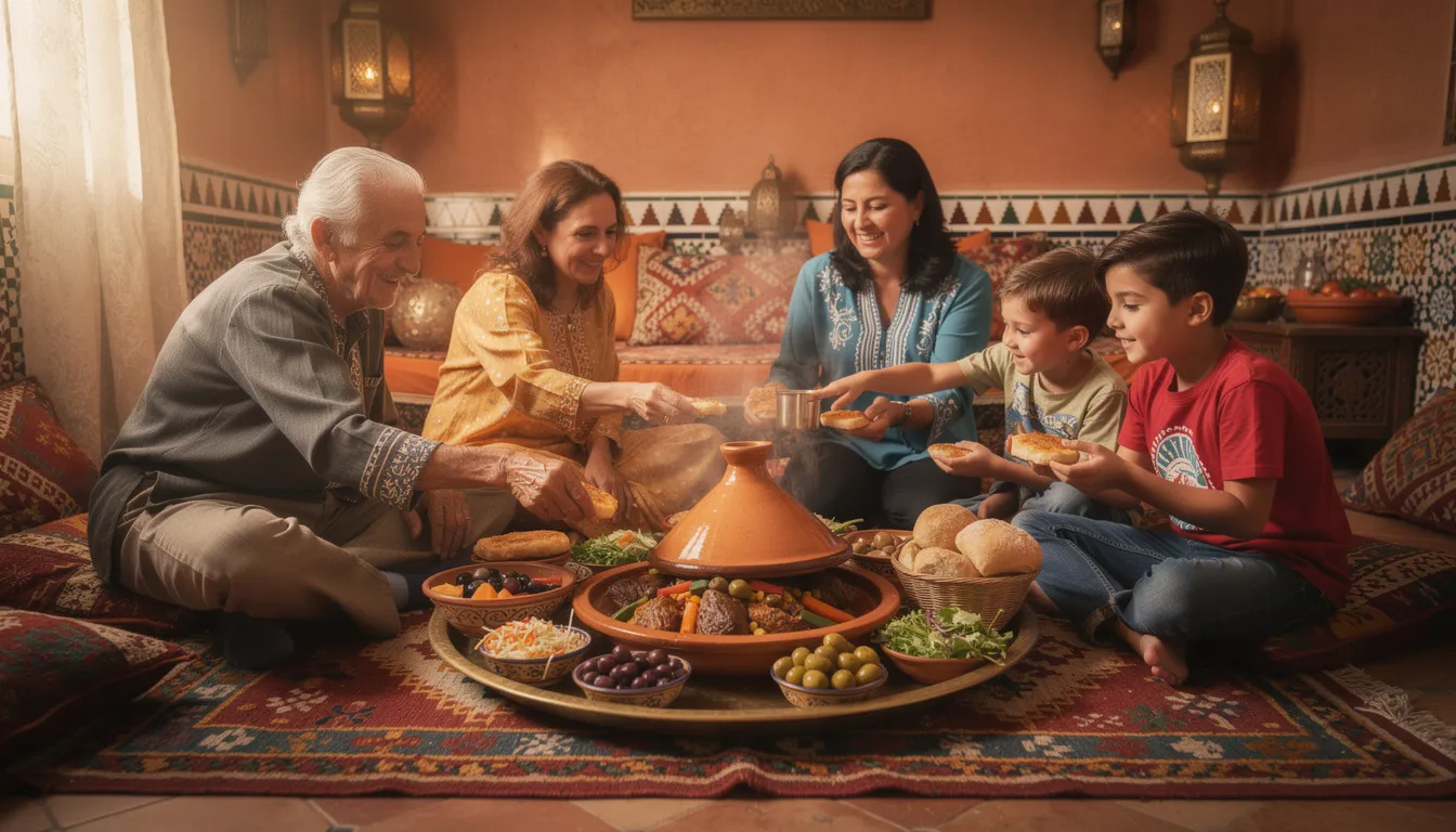 A Moroccan family gathers around a traditional brass tray, sharing a meal of tagine, showcasing the warmth of Moroccan culture and the importance of family dining. The scene reflects vibrant traditions and the rich culinary heritage of Morocco, enhanced by the presence of mint tea.