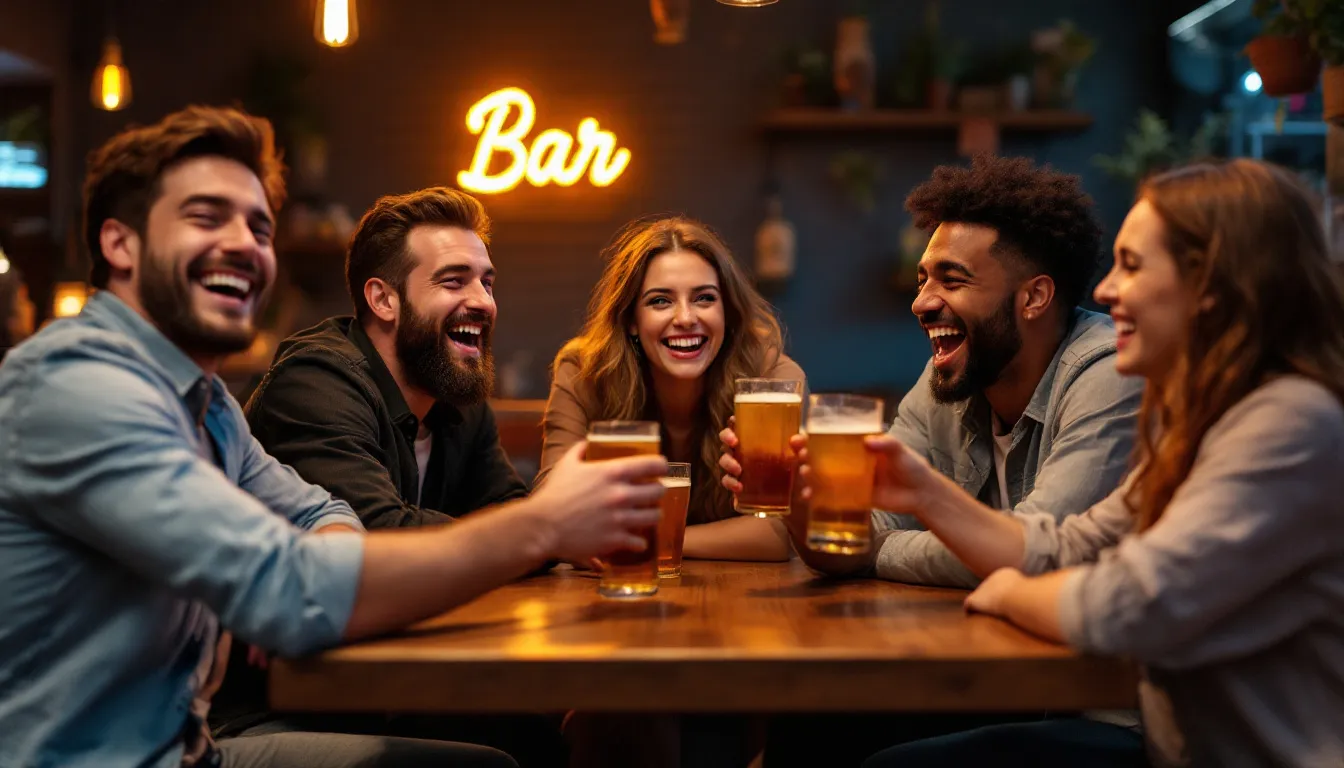 A group of stag joyfully toasts with drinks in a lively bar, surrounded by the vibrant atmosphere of Budapest's famous ruin bars. The scene captures the essence of a fun-filled stag party weekend in the heart of the Hungarian capital, with laughter and celebration echoing throughout the bustling nightlife.
