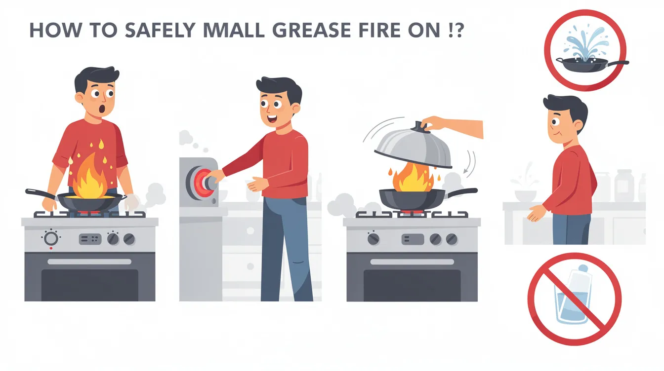 An instructional image demonstrating how to handle a small grease fire safely, including covering the pan with a lid.
