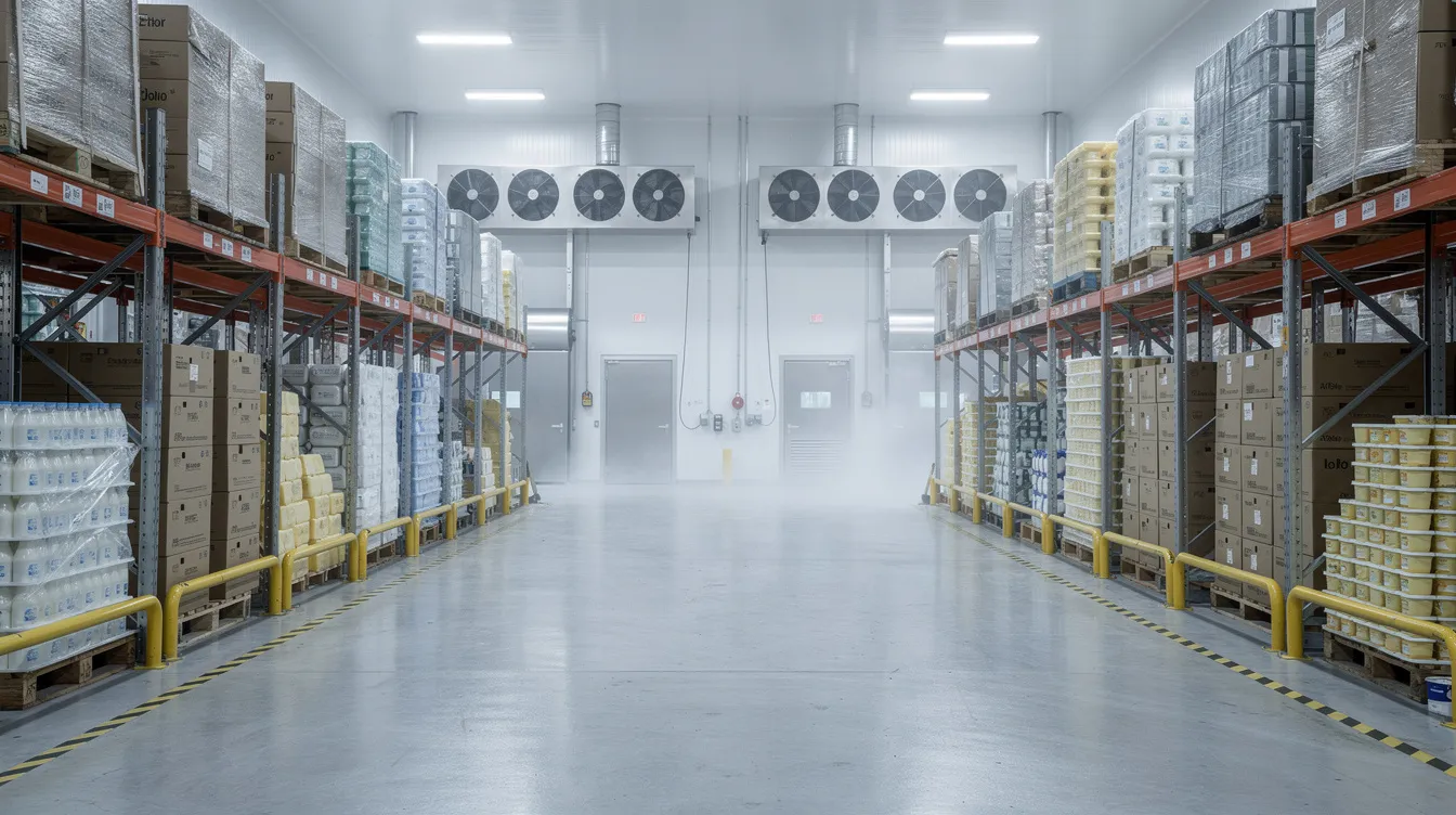 dd3d2059 7e34 41b9 a1b6 364d8b8d12a7 The image depicts a large industrial cold storage room within a dairy processing plant, featuring numerous pallets of dairy products stacked neatly alongside refrigeration units. This setup is essential for maintaining temperature control and ensuring the quality and safety of the dairy products stored.