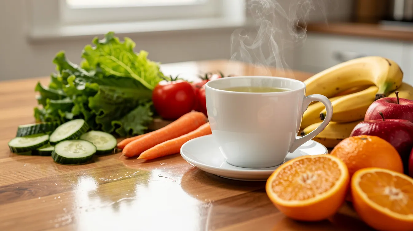 A cup of green tea sits next to a colorful assortment of fresh vegetables and fruits on a wooden table, promoting a healthy diet that can support women's health and potentially help in managing symptoms related to uterine fibroids. The vibrant display of high fiber foods emphasizes the importance of nutrition in maintaining overall health and well-being.