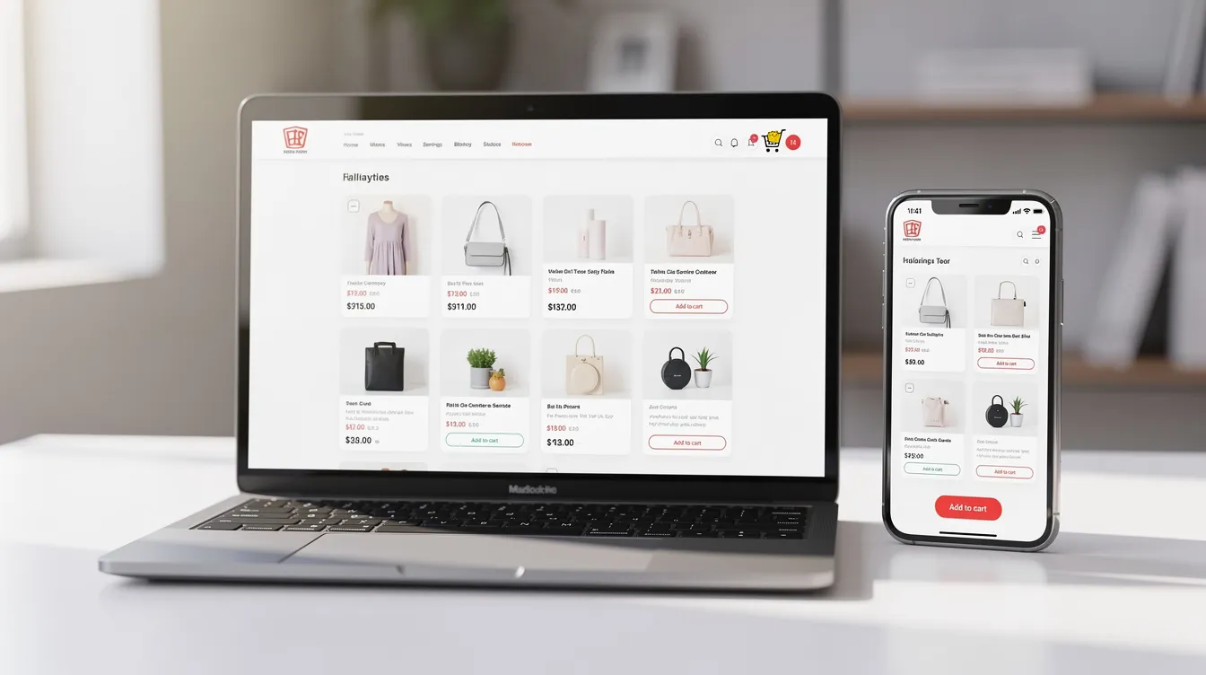 The image features a modern laptop and smartphone showcasing a clean online store interface, complete with product cards and a shopping cart icon, ideal for merchants looking to enhance their ecommerce store with advanced features. This setup reflects a straightforward way to manage an online business and customize the shopping experience for customers.