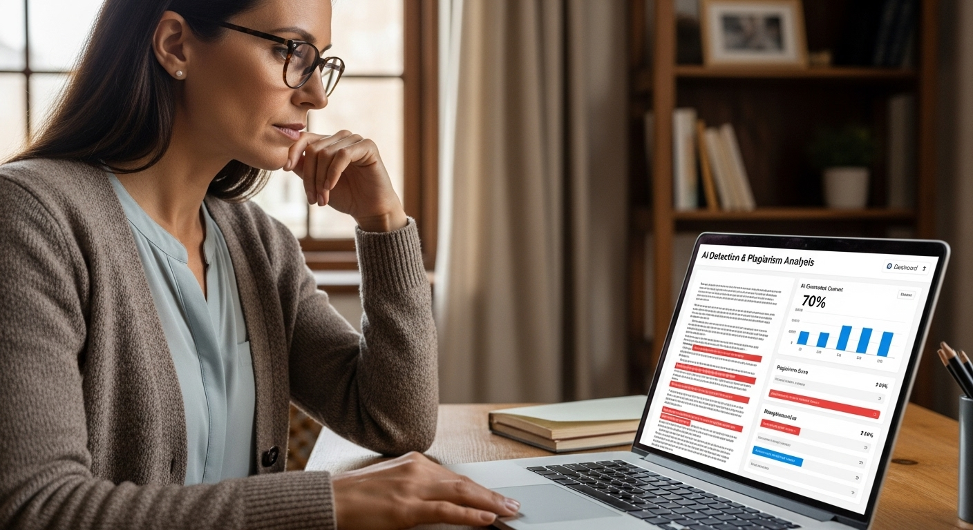 Teacher reviewing student essay on laptop with AI detection and plagiarism analysis dashboard visible