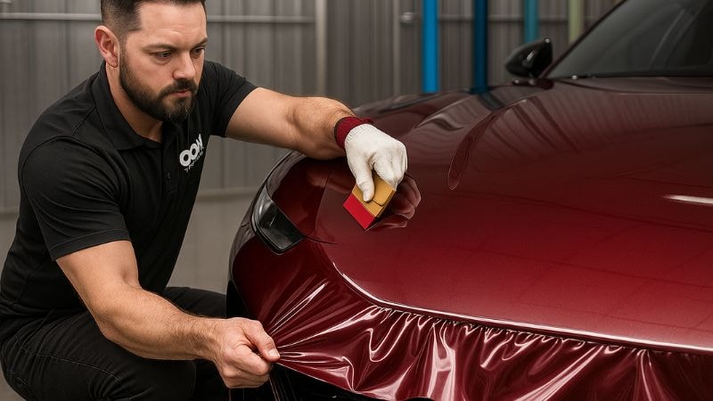 A man applying vinyl DIY style in his garrage