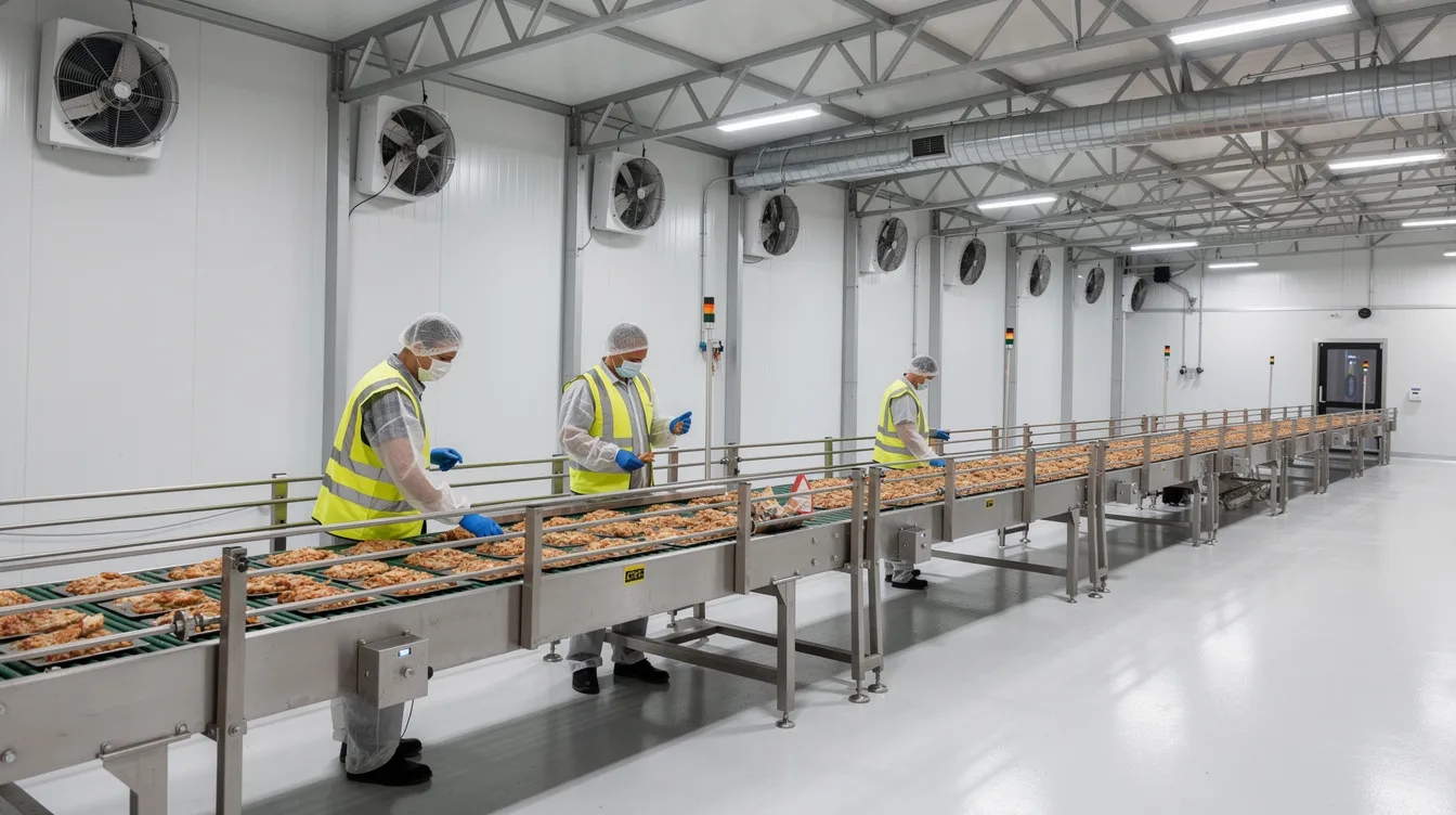 The image shows workers operating a conveyor system inside a clean industrial food processing shed, with ventilation fans visible on the roof, highlighting the manufacturing process of puffed rice products. The environment reflects the standards of the food processing industry, emphasizing quality and efficiency in the production of popular snacks.