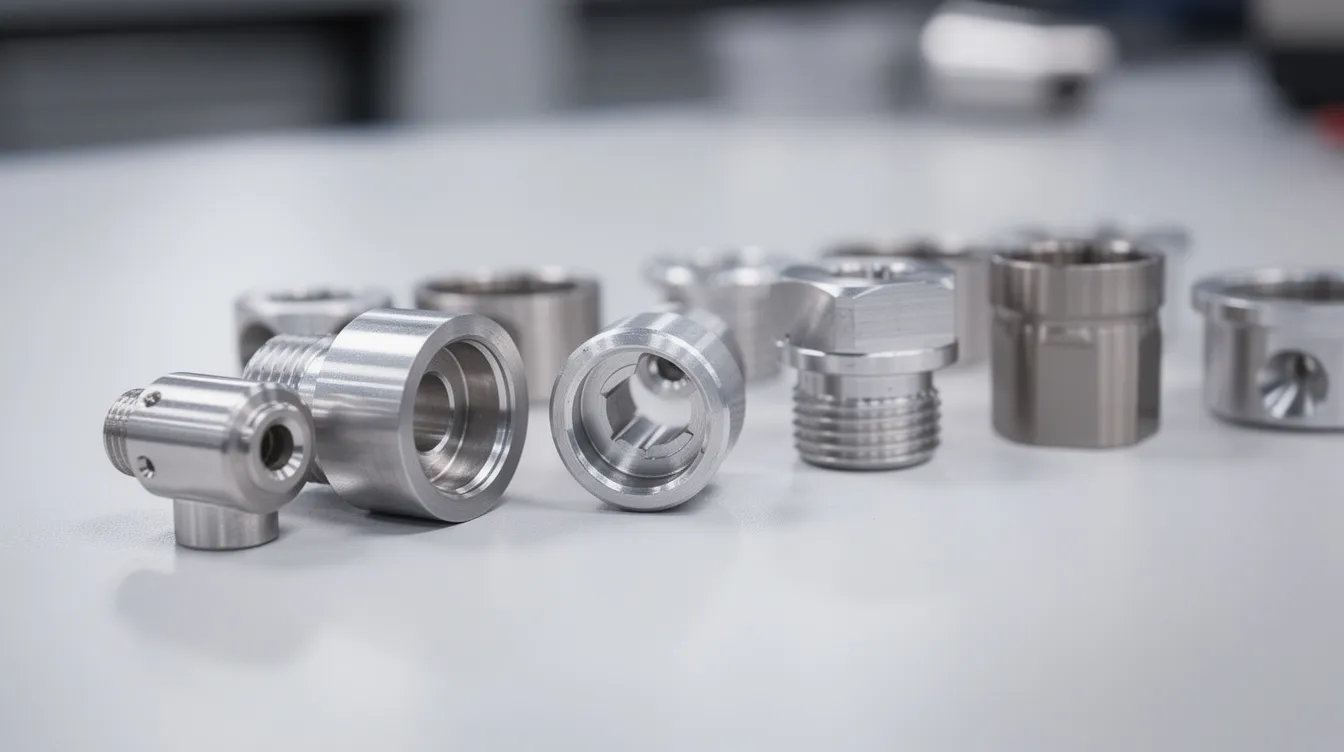 A close-up photograph showcases several precision machined metal components made from aluminum and stainless steel, arranged neatly on an inspection table. These CNC machined parts exhibit excellent dimensional stability and corrosion resistance, highlighting their suitability for various industrial applications.