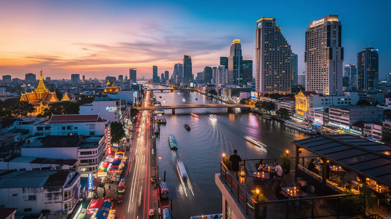 A imagem retrata a vibrante cidade de Bangkok, na Tailândia, com seus icônicos tuk tuks passando pelas ruas movimentadas, enquanto ao fundo se destacam os majestosos templos budistas e o famoso Grande Palácio. O ambiente é repleto de aromas e sabores da comida de rua, refletindo a rica cultura e a vida noturna da capital tailandesa.
