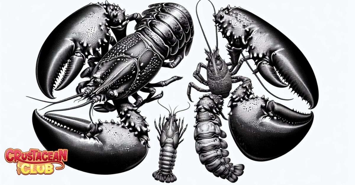 Illustration of lobster with big claws and small swimmerets