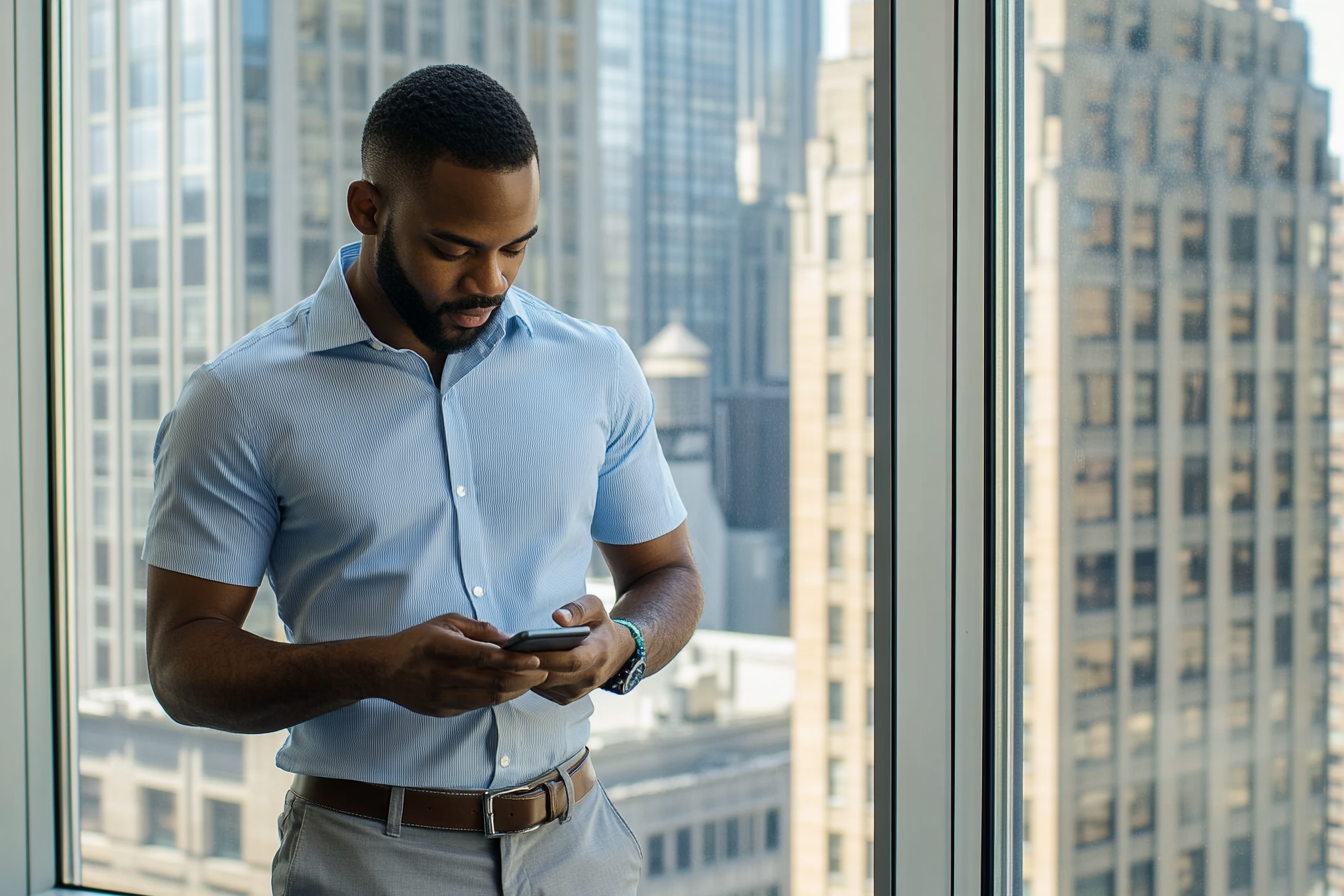 Professional pausing near an office window in Manhattan, reflecting the kind of between-session CBT homework that fits into a packed New York schedule