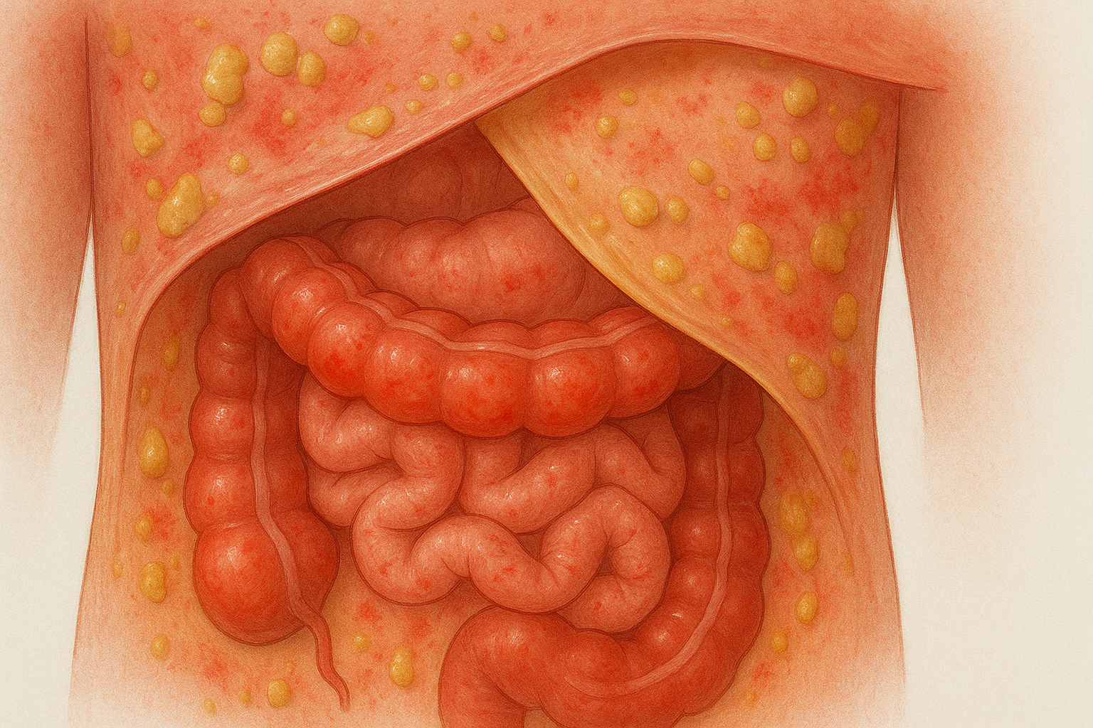Illustrasjon av betente tarmer og bukhinne med gulaktige pusslommer og rødhet i bukhulen ved peritonitt.
