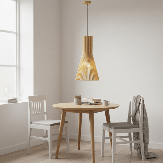 Natural wood slatted pendant light hanging above a small round table in a minimalist Scandinavian dining nook.