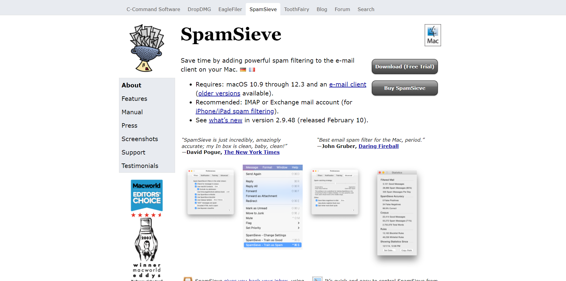 SpamSieve main page