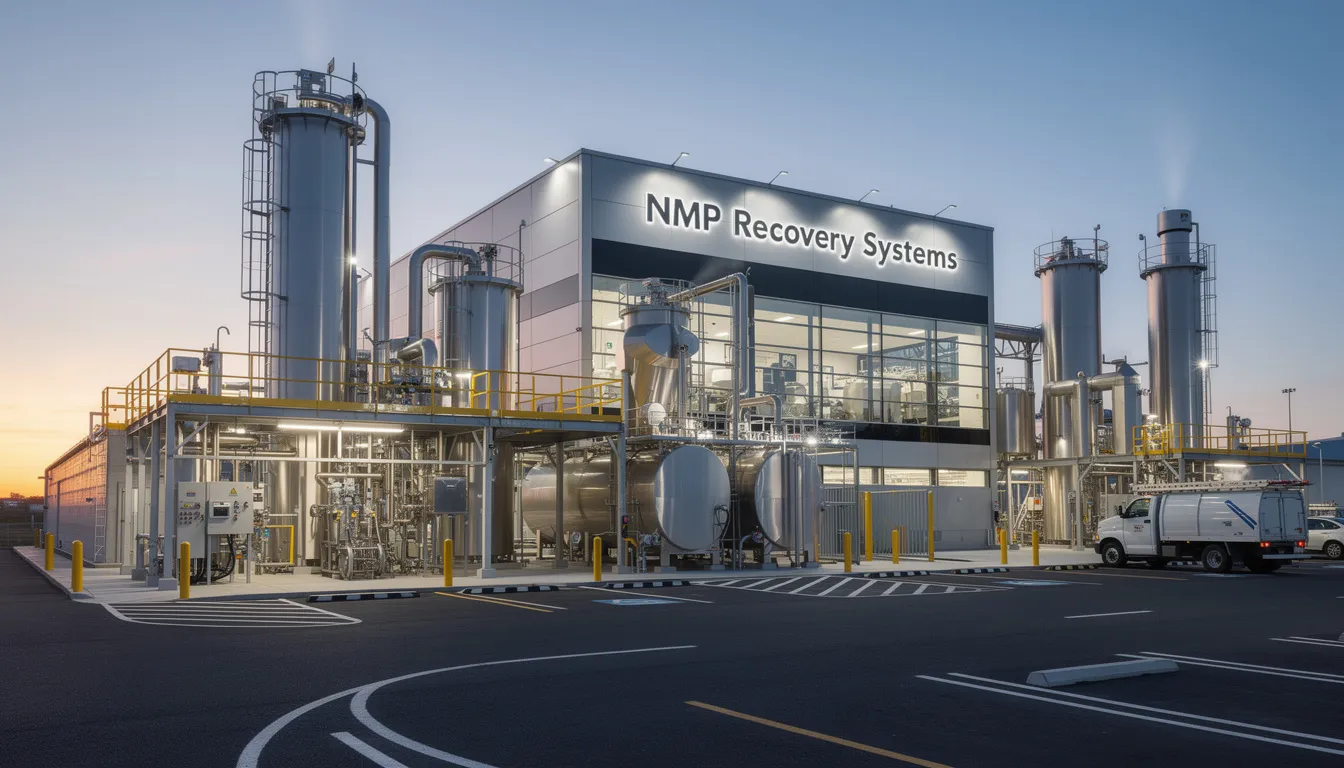 The image depicts the NMP Recovery Systems' factory, showcasing a modern facility designed for the efficient recovery of organic solvents, particularly focusing on the distillation system used in the processing of lithium ion batteries. The factory emphasizes environmental protection and minimal waste, highlighting its commitment to sustainability in the production of components for electric vehicles.