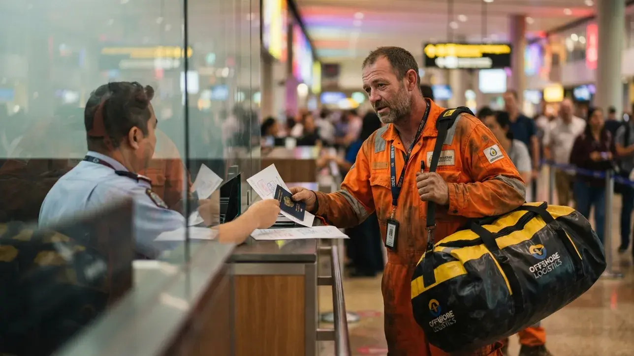 Offshore worker checking a visa flight itinerary against a rotation roster