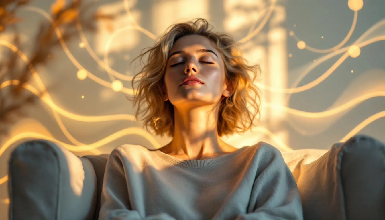 Na obrazie widzimy osobę siedzącą w wygodnej pozycji z zamkniętymi oczami, otoczoną miękkim, ciepłym światłem. W tle znajdują się delikatne abstrakcyjne fale oraz subtelne geometryczne wzory, które symbolizują stan hipnozy i relaks, tworząc kojącą atmosferę.