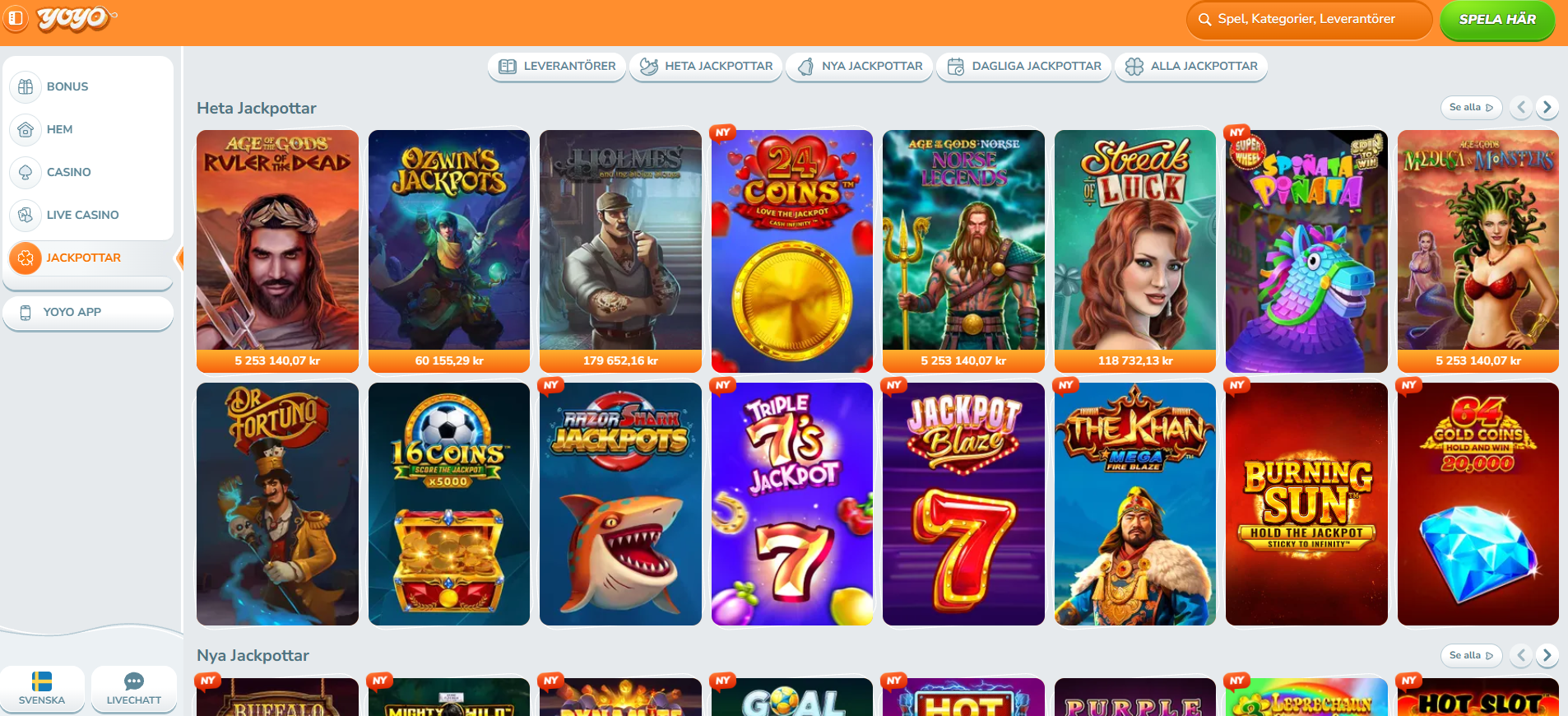 YoYo Casinos jackpotsida med heta och nya jackpotspel.