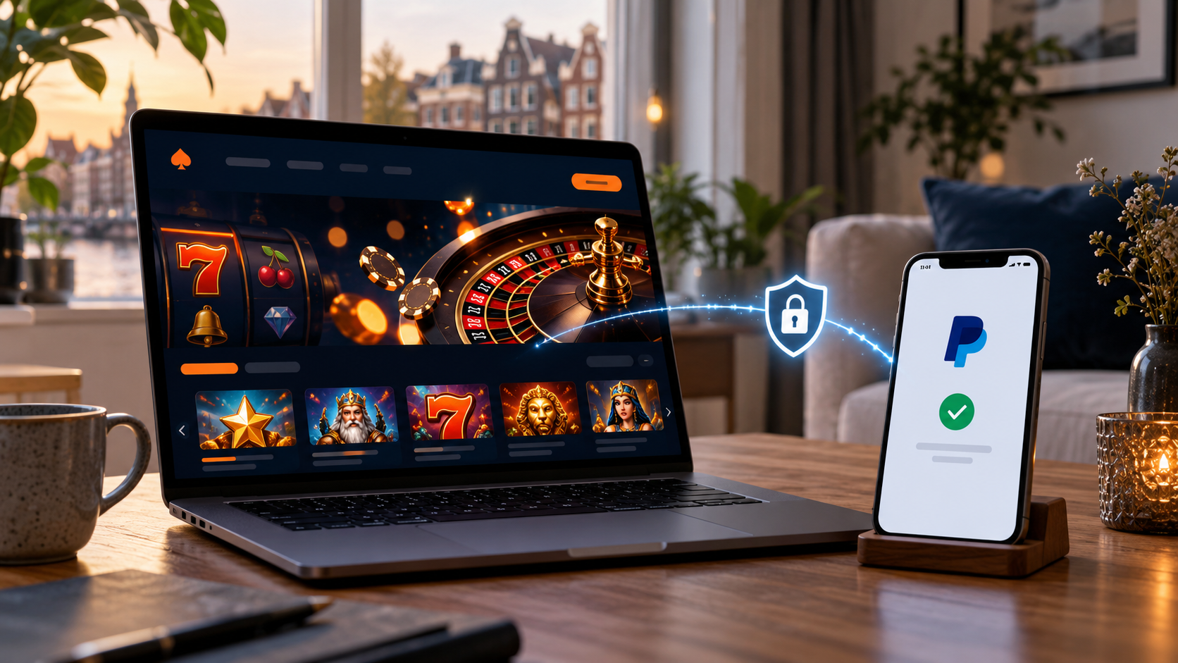 Laptop met online casinospellen naast een telefoon waarop PayPal wordt weergegeven.