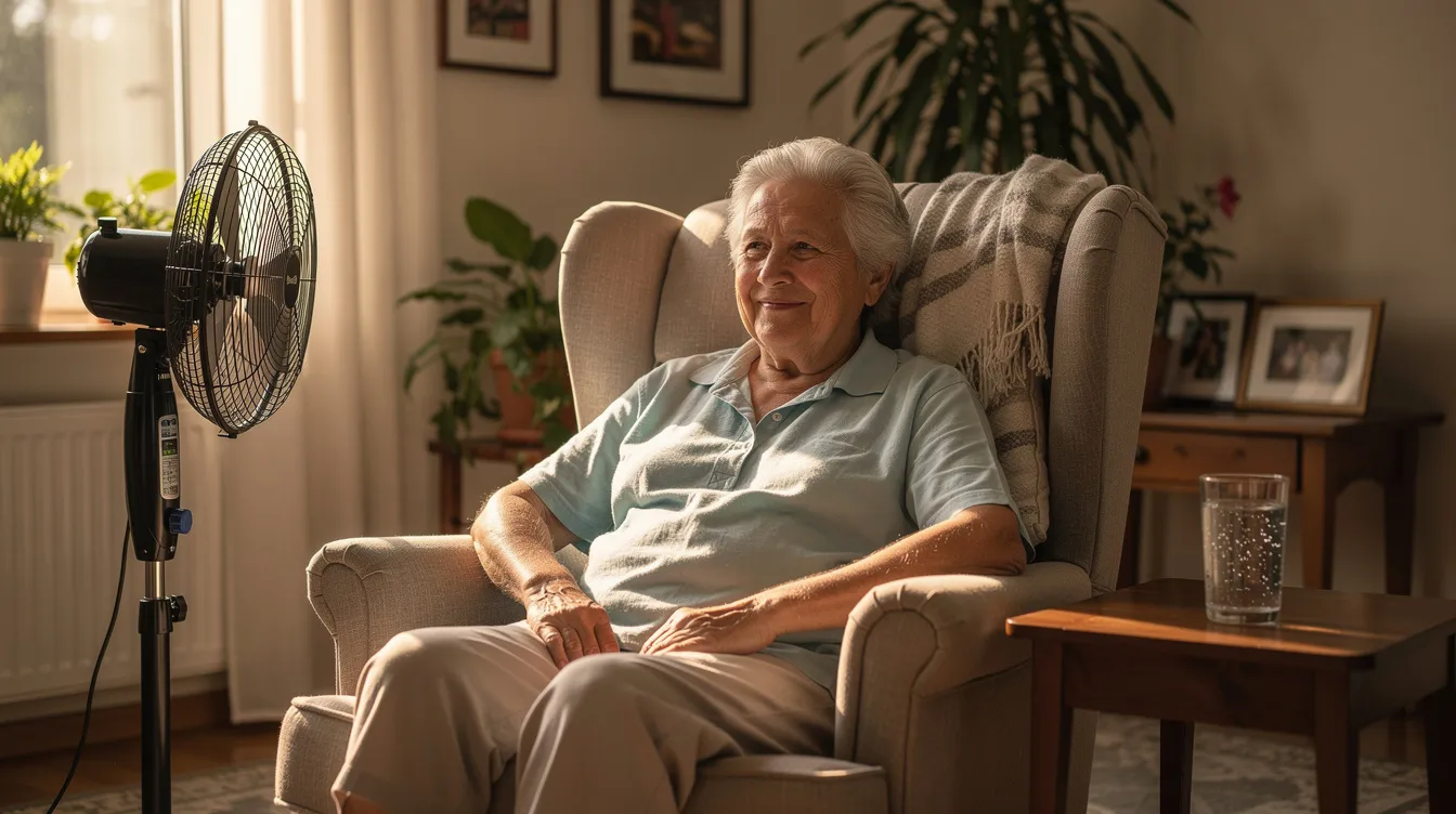 An elderly person is seated comfortably in a well-lit living room, enjoying a glass of water while a fan provides a gentle breeze on a warm day. The cozy indoor space is bright and inviting, ideal for relaxing during the summer heat.