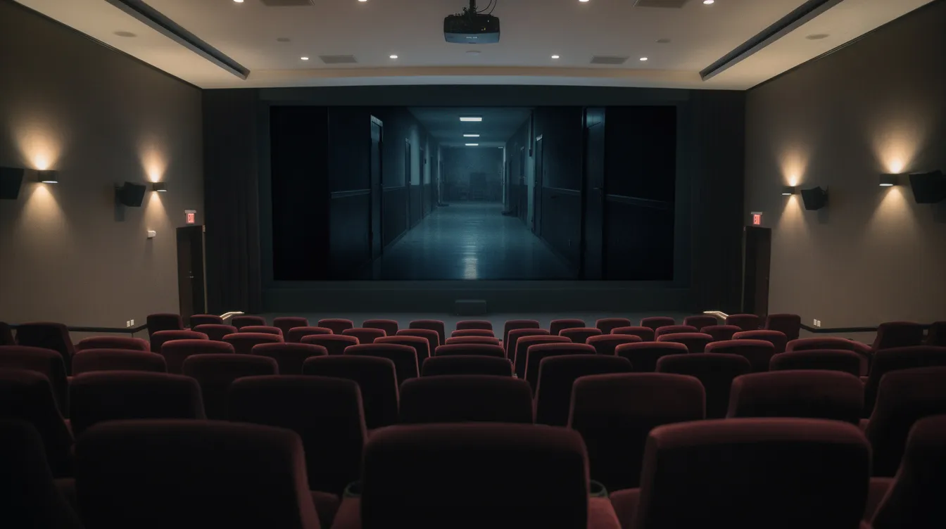 Ein leerer Kinosaal ist sanft beleuchtet, während auf der Leinwand ein einzelnes Standbild einer Kamerafahrt durch einen dunklen Korridor zu sehen ist. Die ruhige Atmosphäre lädt zum Nachdenken und Entspannen ein, während der Zuschauer auf die bevorstehende filmische Erfahrung wartet.
