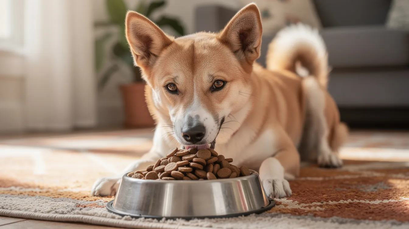A medium-sized Canaan Dog with a wedge-shaped head and erect ears is joyfully eating high-quality kibble from its dog bowl, displaying an inquisitive expression and a bushy tail. This intelligent breed, known as the national dog of Israel, enjoys its nutritious meal in a cozy environment.