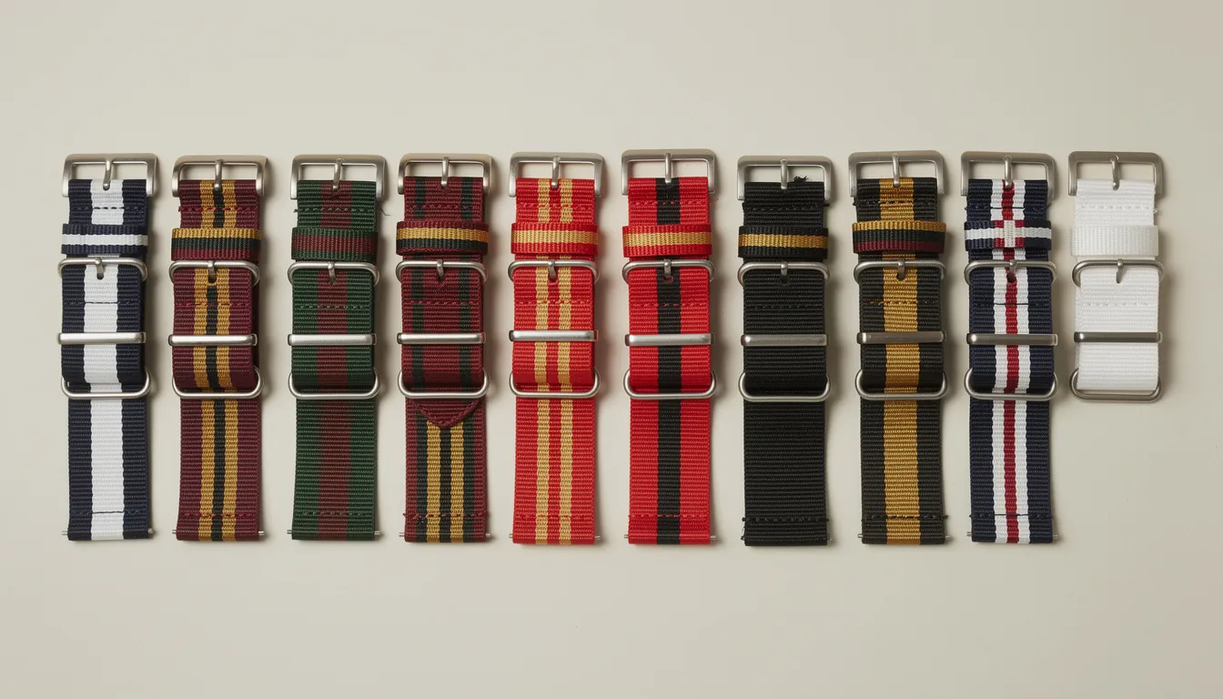 A collection of British military regiment watch straps showcases a variety of color combinations and stripe patterns, including green, grey, brown, and sand options, perfect for enhancing any military watch. These durable straps are designed to fit comfortably on the wrist, reflecting the style and heritage of the royal navy and other regiments.