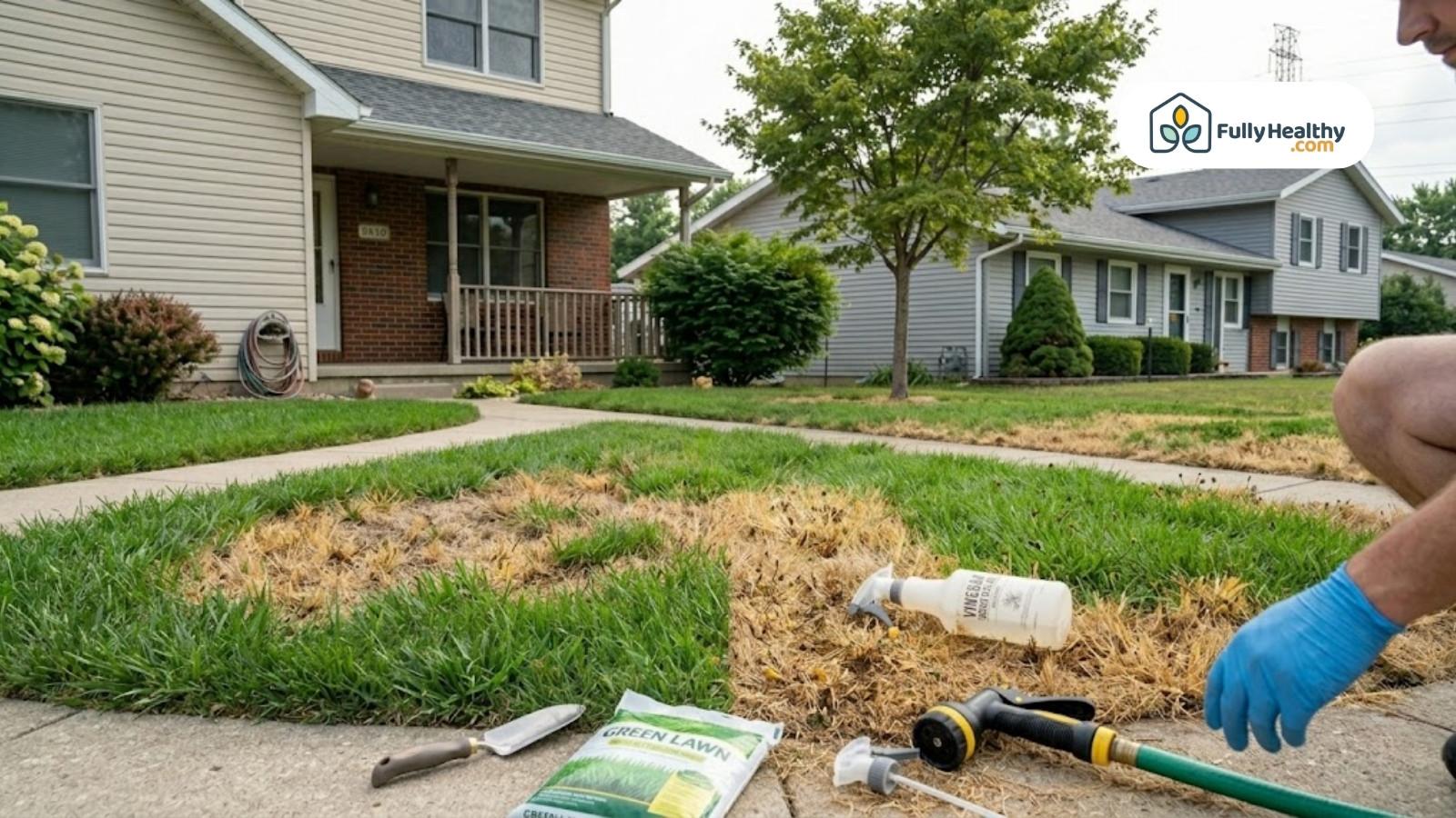 Tools and supplies for lawn repair after vinegar weed killer application