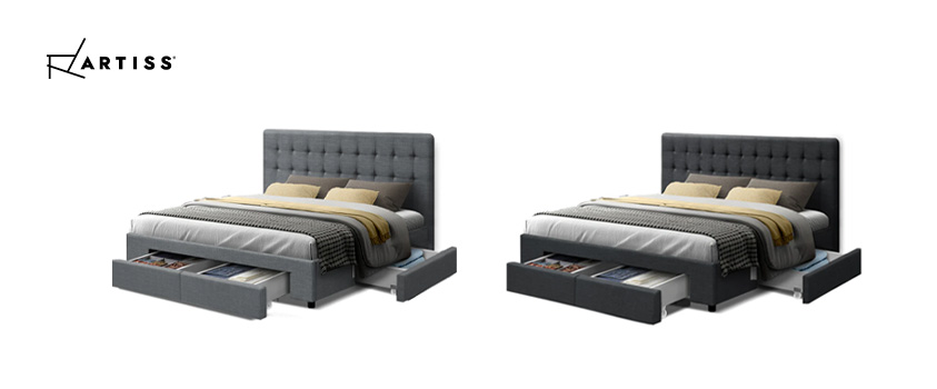 Two Artiss Avio bedframes in charcoal and grey, showing the expansive under-bed storage.