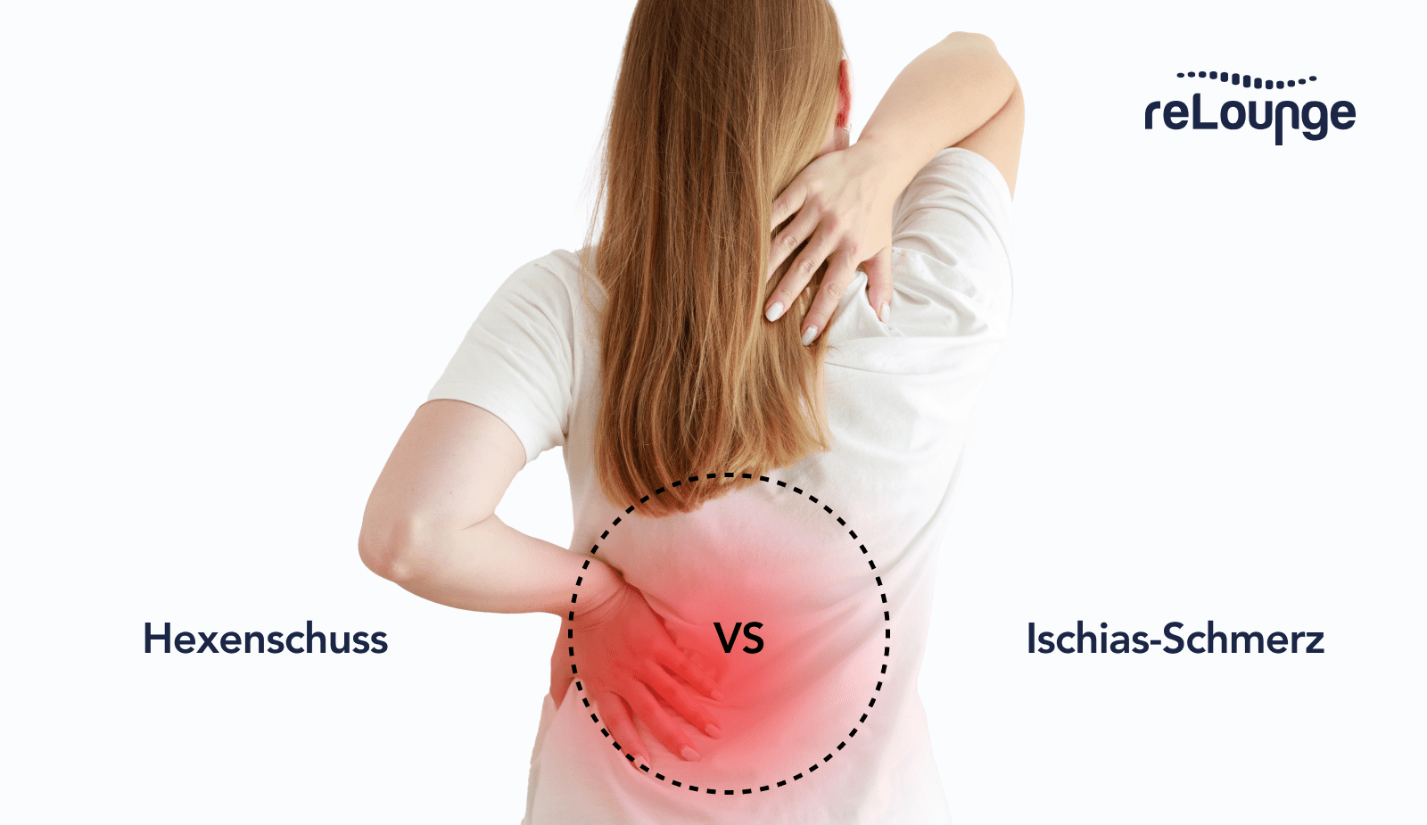 Vergleich zwischen Hexenschuss und Ischias-Schmerz – eine Frau hält ihren unteren Rücken mit einer roten Schmerzmarkierung, daneben der Schriftzug 'Hexenschuss VS Ischias-Schmerz' mit dem Logo von reLounge oben rechts.